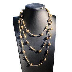 1970s Gold Tone Station Bead Necklace Plastic Rose Beads on Tiny Metal Chain 36